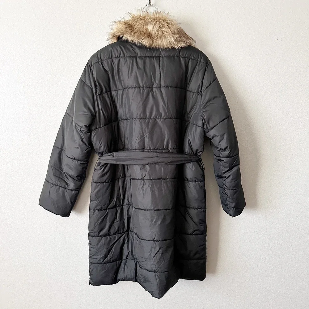 Ann Taylor Black Puffer Coat Blonde Faux Fur Collar Belted Quilted Jacket XL XXL